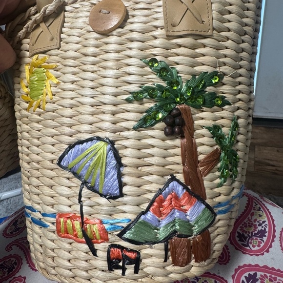 Tropical Embroidered Straw Tote with Tan Handles - Picture 3 of 5